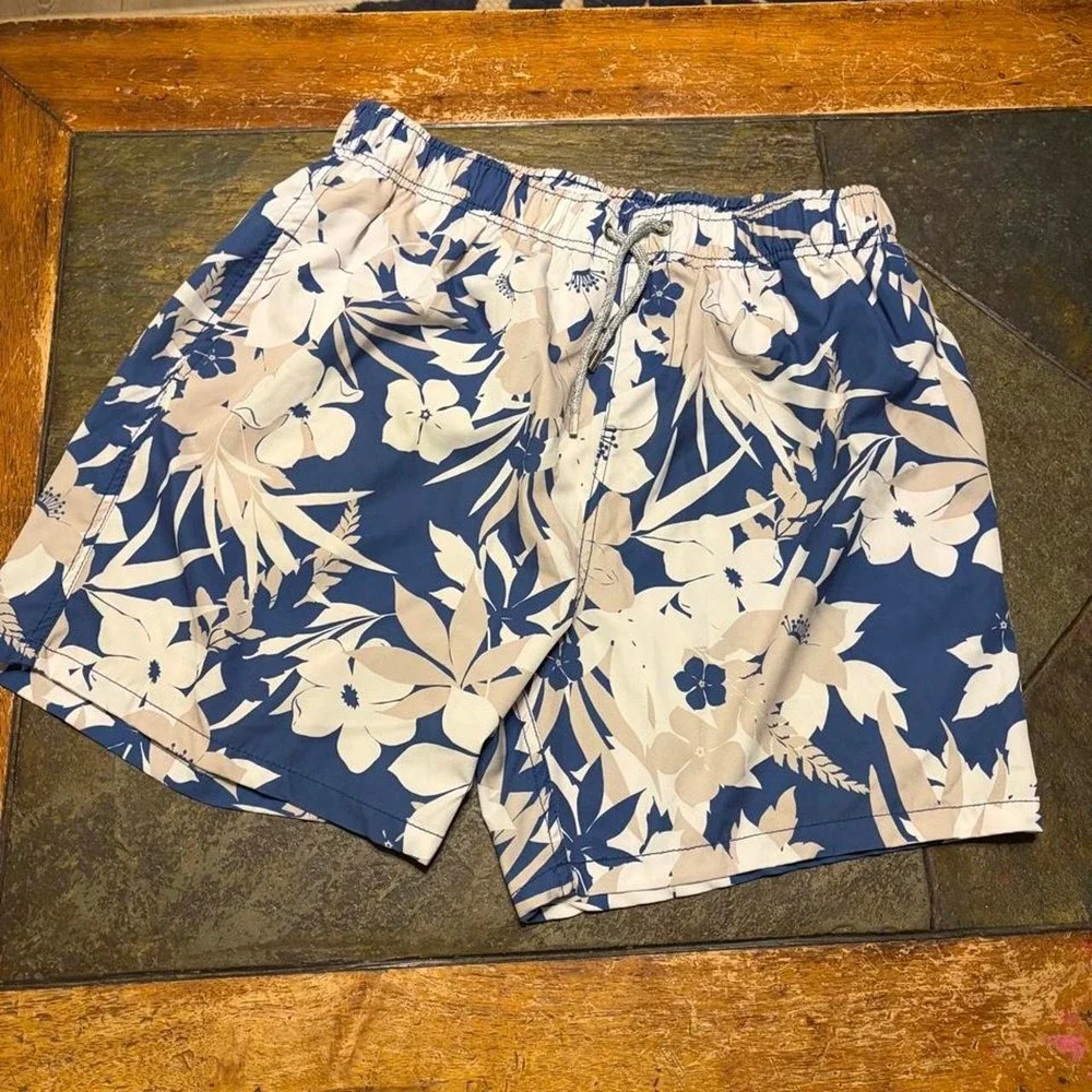 Vintage Summer Mens Tropical Floral Swim Trunks Blue Cream Large V70807SET
